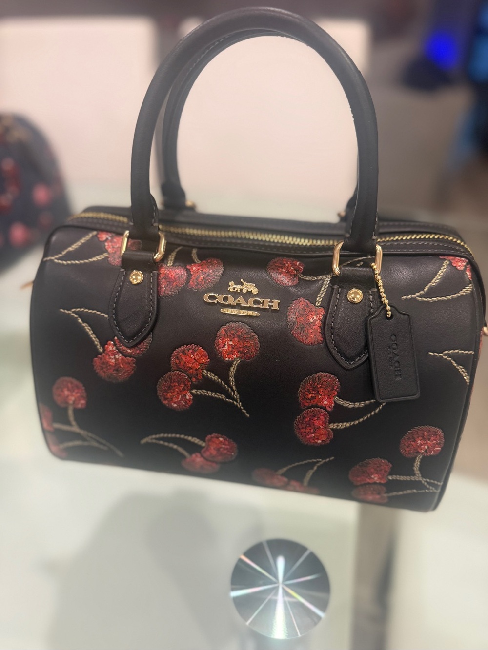 Coach Black/ Red Cherry Embossed Rowan